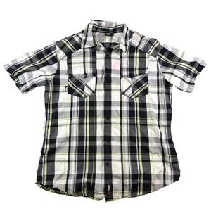 Y2K No Fear Plaid Skater Shirt Button Up Black White Green Men's M Grunge